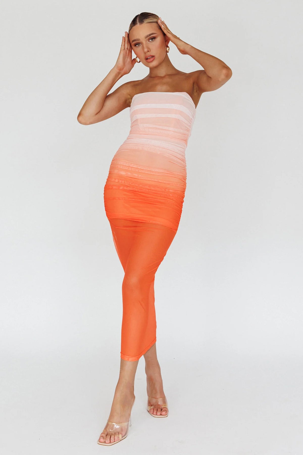 Logan Strapless Ruched Midi Dress Gradient Orange
