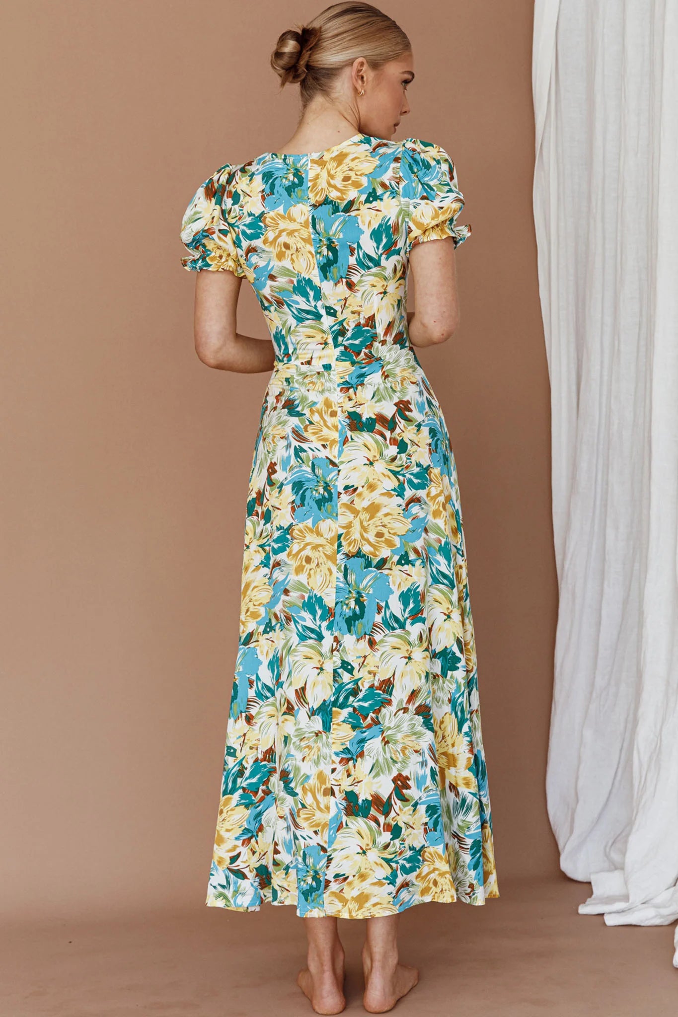 Montebello Puff Sleeve Maxi Dress Floral Blue/Yellow