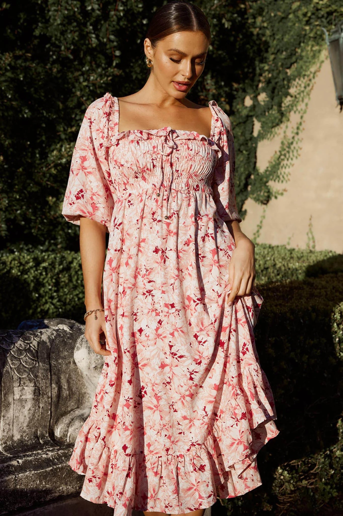 Flynn Balloon Sleeve Shirred Midi Dress Floral Pink