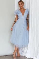 Leap Of Faith Frill Shoulder Tulle Midi Dress Blue