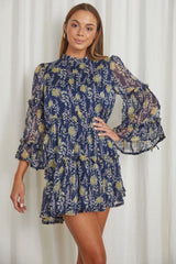 Beatrix High Neck Balloon Sleeve Dress Floral Midnight Blue