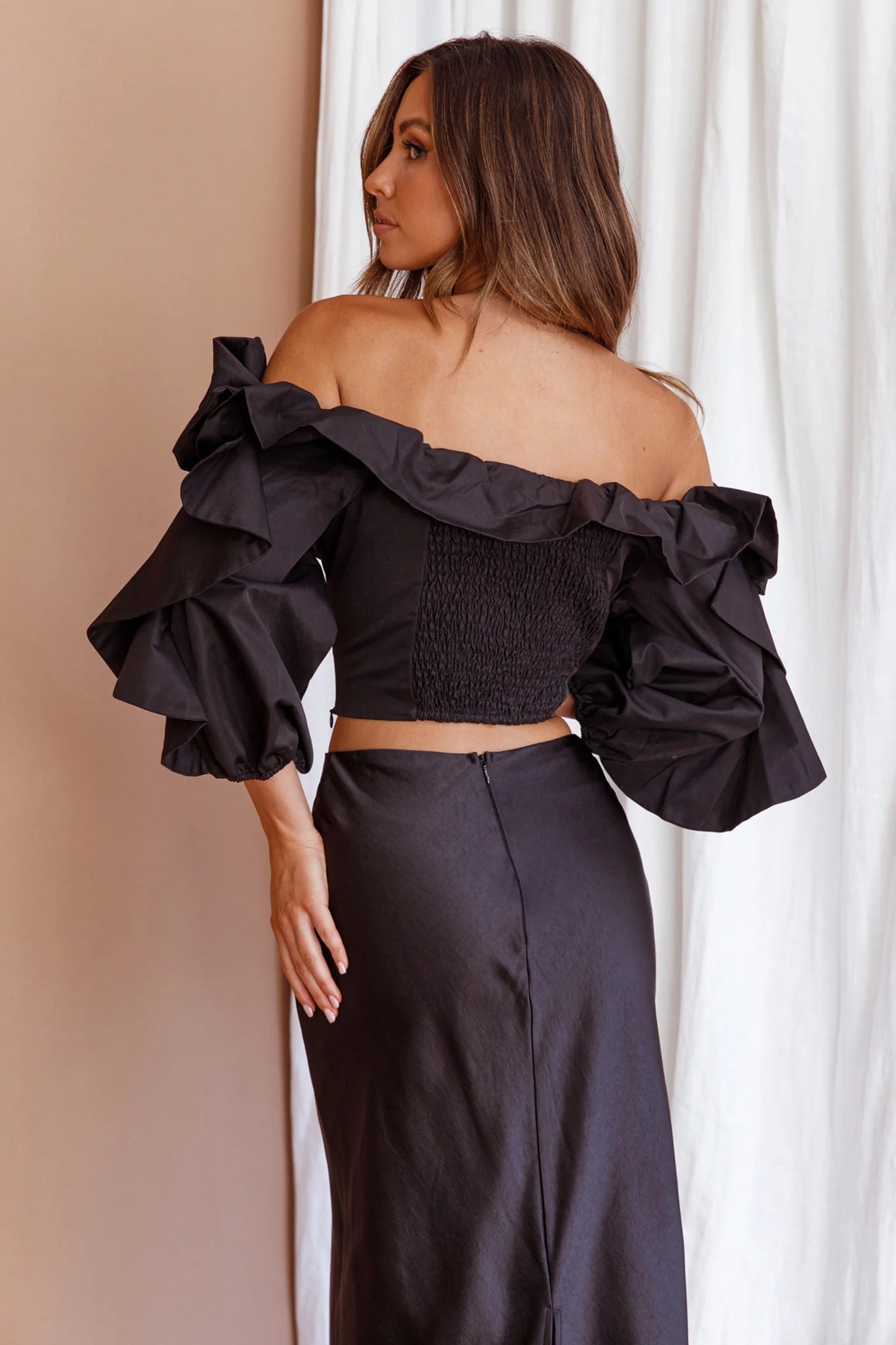 Midnight Mirage Puff Ruffle Crop Top Black