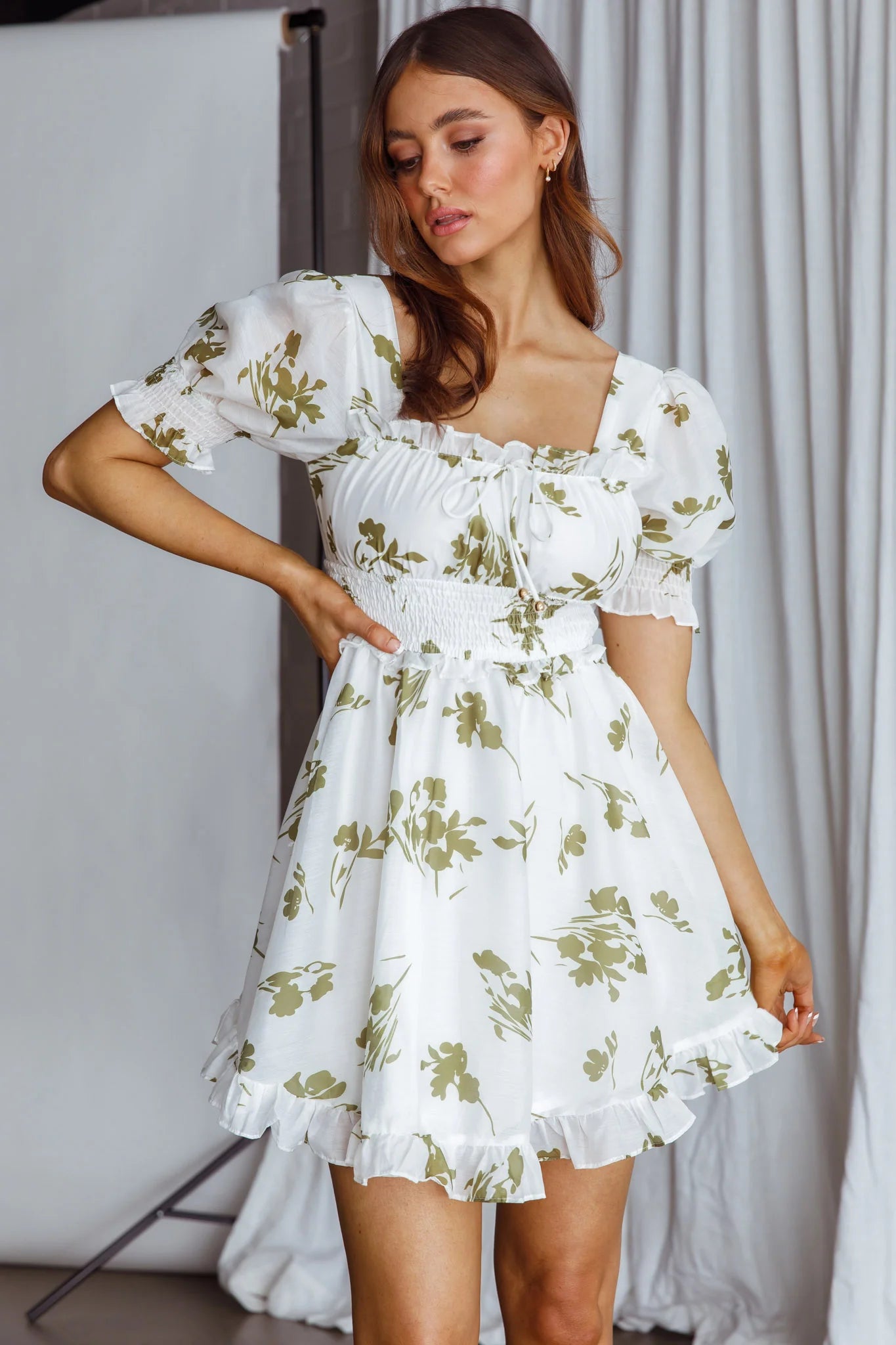 Summer In Paris Puff Sleeve Open Back Dress Floral Olive
