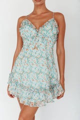 Match Maker Criss-Cross Back Frill Trim Dress Floral Print Blue Multi